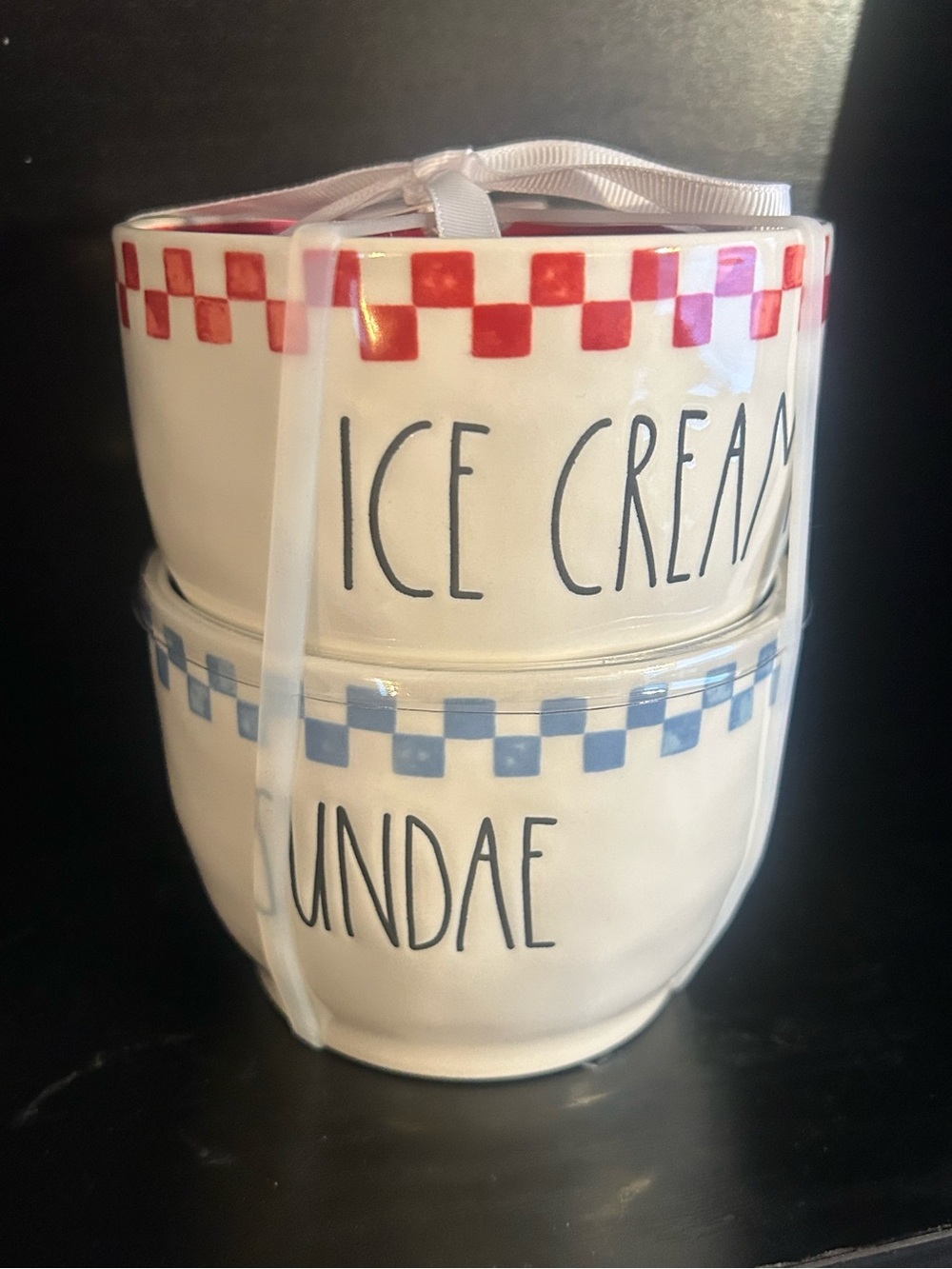 Rae Dunn White Ceramic Ice Cream & Sundae Bowls with Red and Blue Check Trim